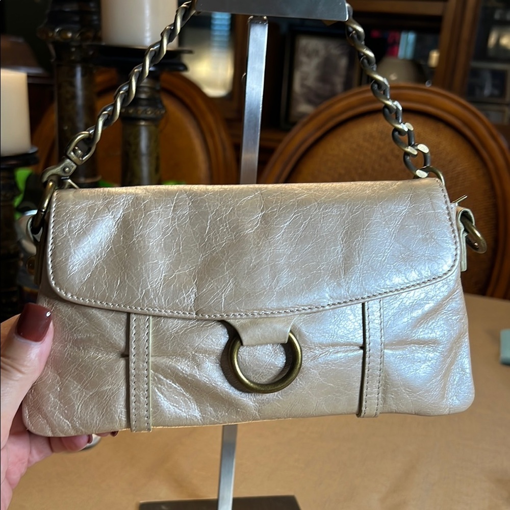 HOBO Cream Leather Clutch with Chain Strap